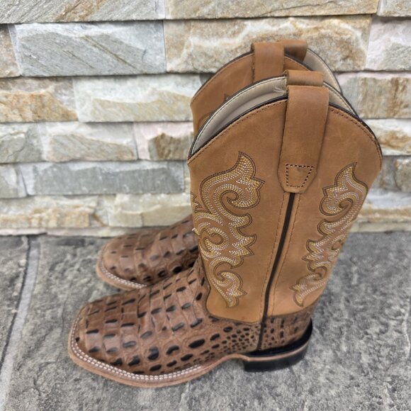 Old West Brown/Tan Youth Boys Leather Faux Gator Cowboy Boots - Picture 5 of 9